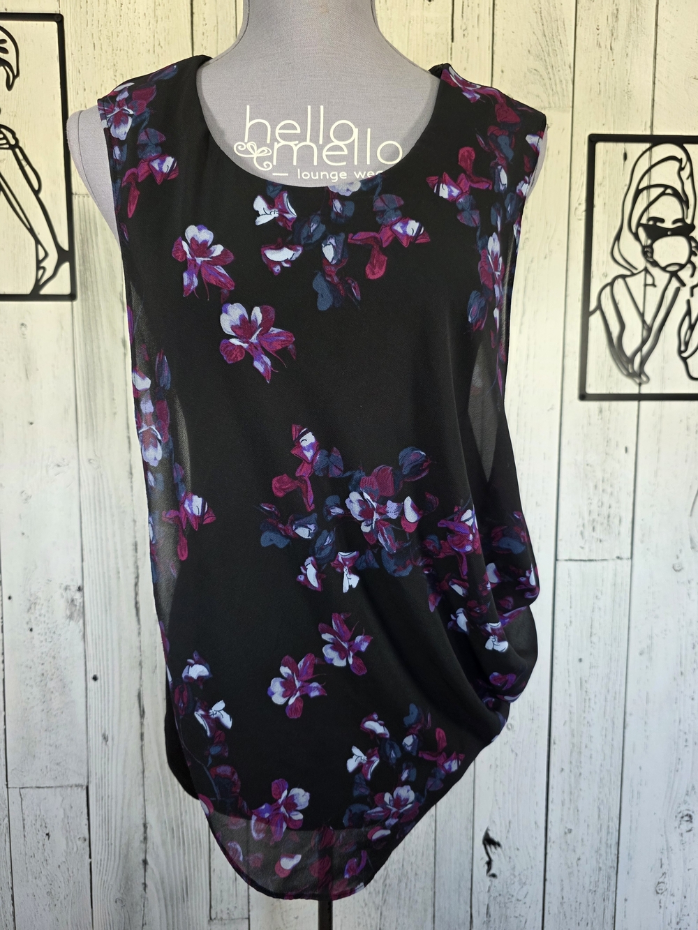 Le Château Black Floral Draped Cowl Blouse Petite Small